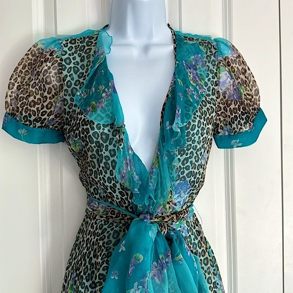 Blumarine Teal and Leopard Print Dress - Picture 2 of 14